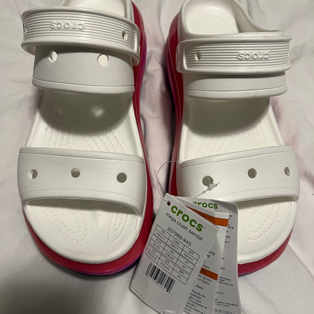 CROCS White and Pink Mega Crush Sandals Size 11